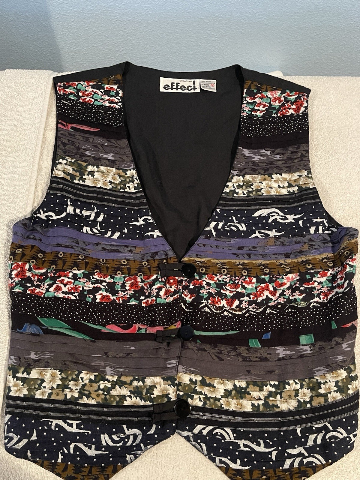 Vintage 90s Creazioni Effeci Patchwork Rayon Vest M Boho Art to Wear Festival