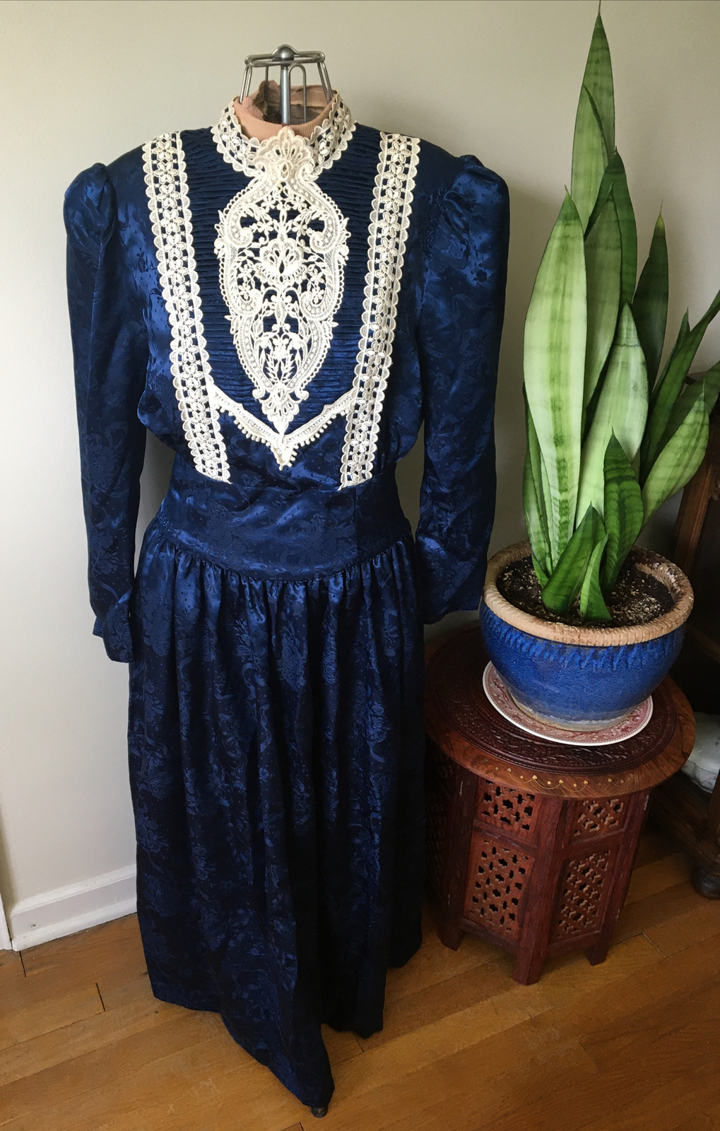 Vintage 1980’s Navy Blue & Lace Victorian Inspired Scott McClintock Dress, S