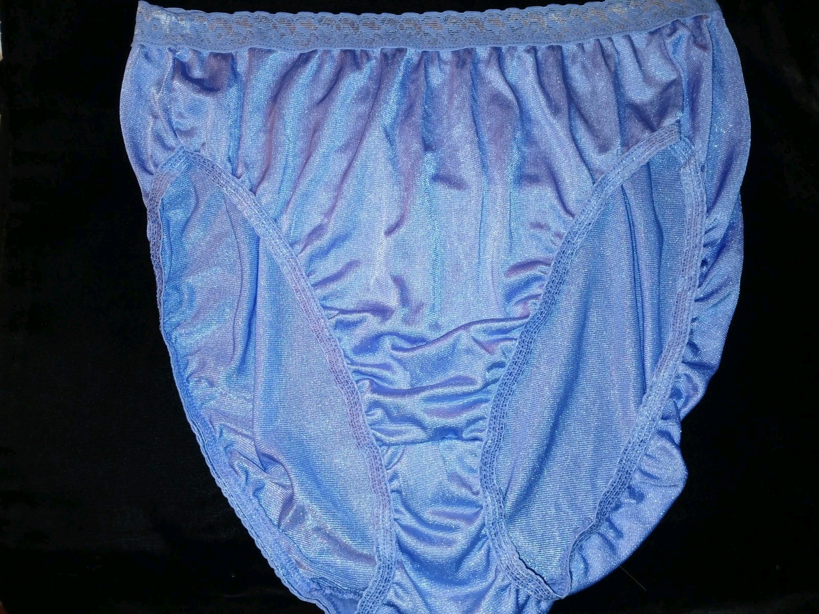 Vintage Hanes Blue Satin Nylon Silky Floral Lace Hi-Cut Brief Panties L 8 EUC