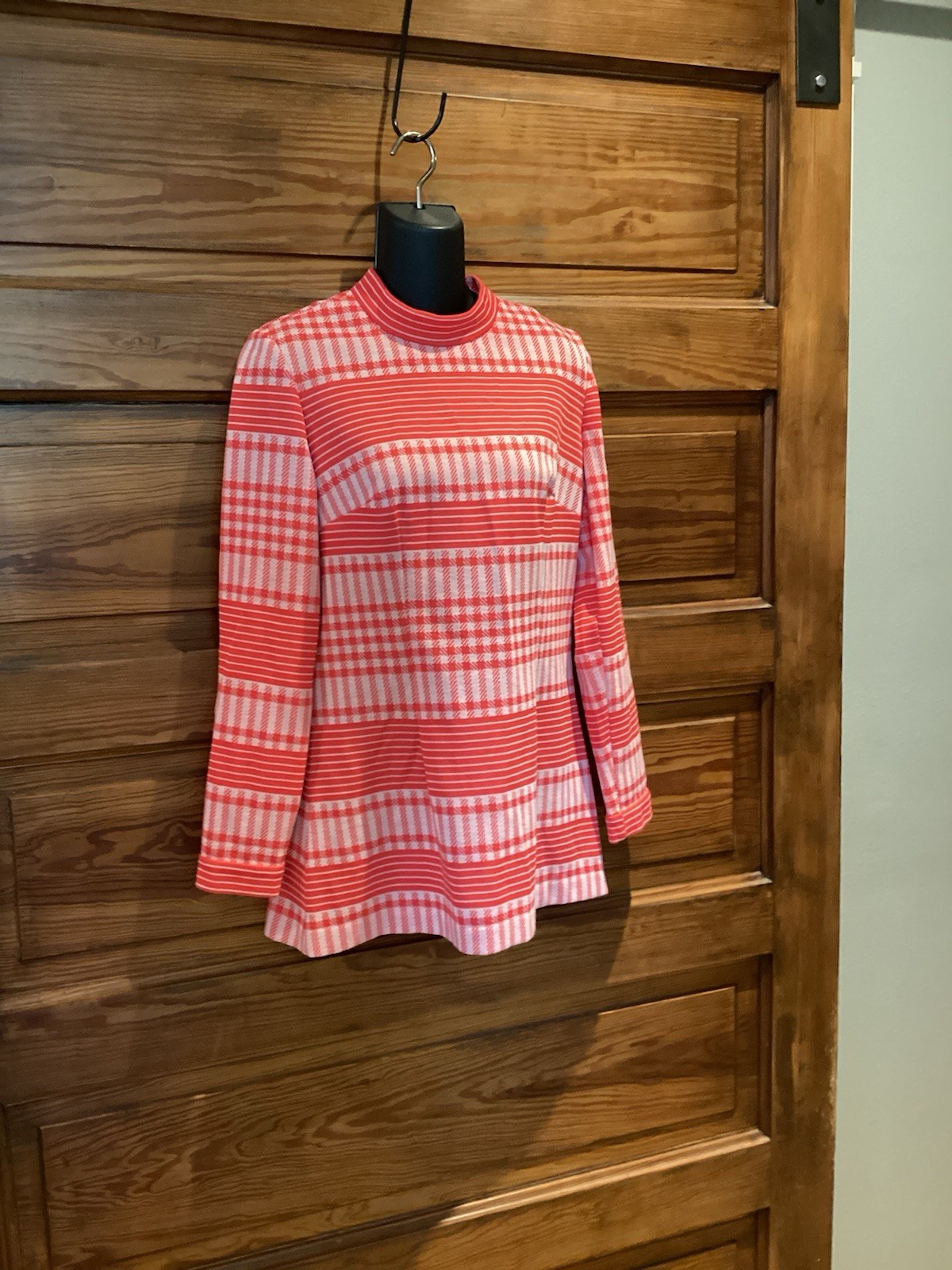 Vintage Red White Check Long Sleeve Micro Mini Dress Mid Mod Medium