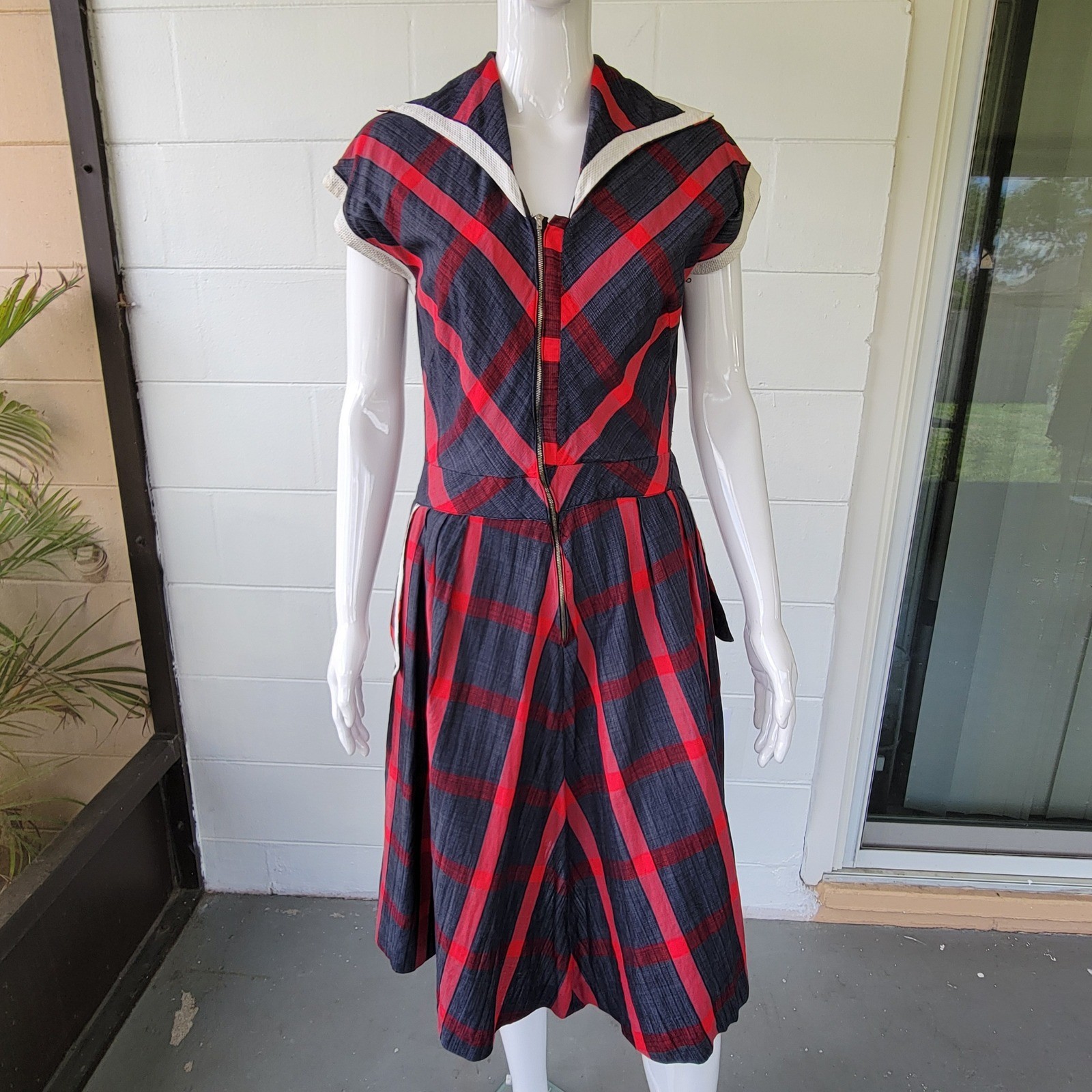 Vintage 50s Toni Todd Plaid Sailor Dress Red Grey Women’s M Rockabilly