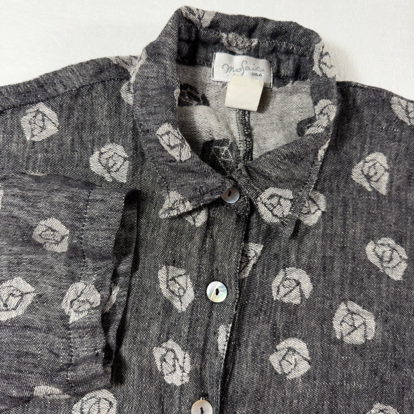 Vtg Mosaic 100% Linen Rose Shirt Women S Grey Floral Lagenlook Button Up USA EUC
