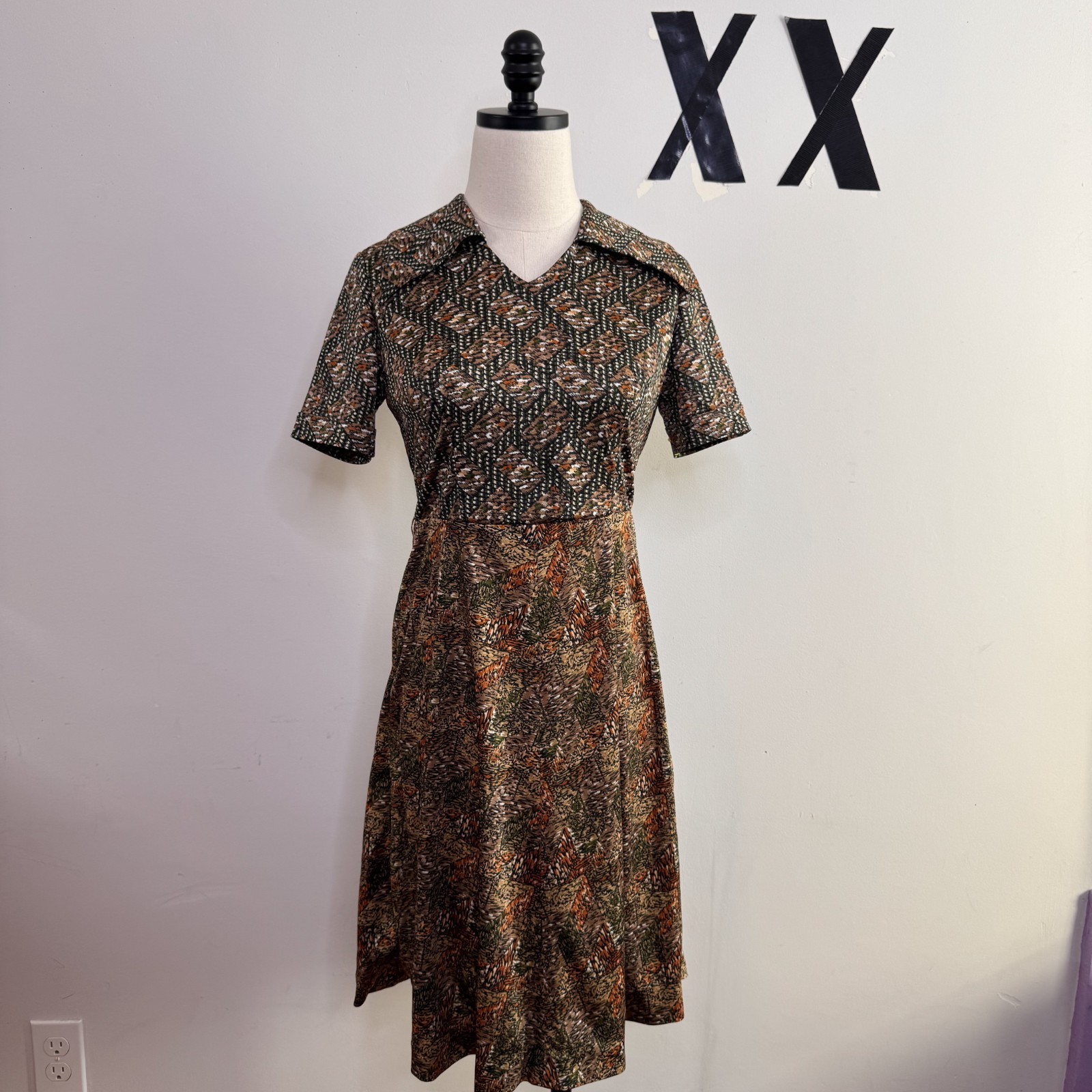Vintage 70s Handmade Brown Mixed Print Shirtwaist Dress Indie Grunge S