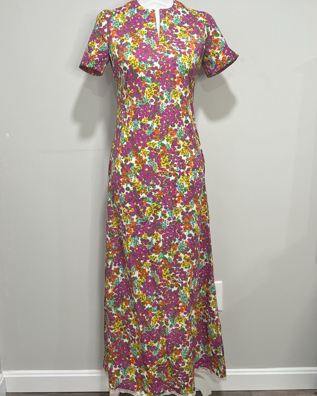 Vintage 60s/70s Vibrant Multicolor Floral Cottagecore Print Handmade Maxi Dress