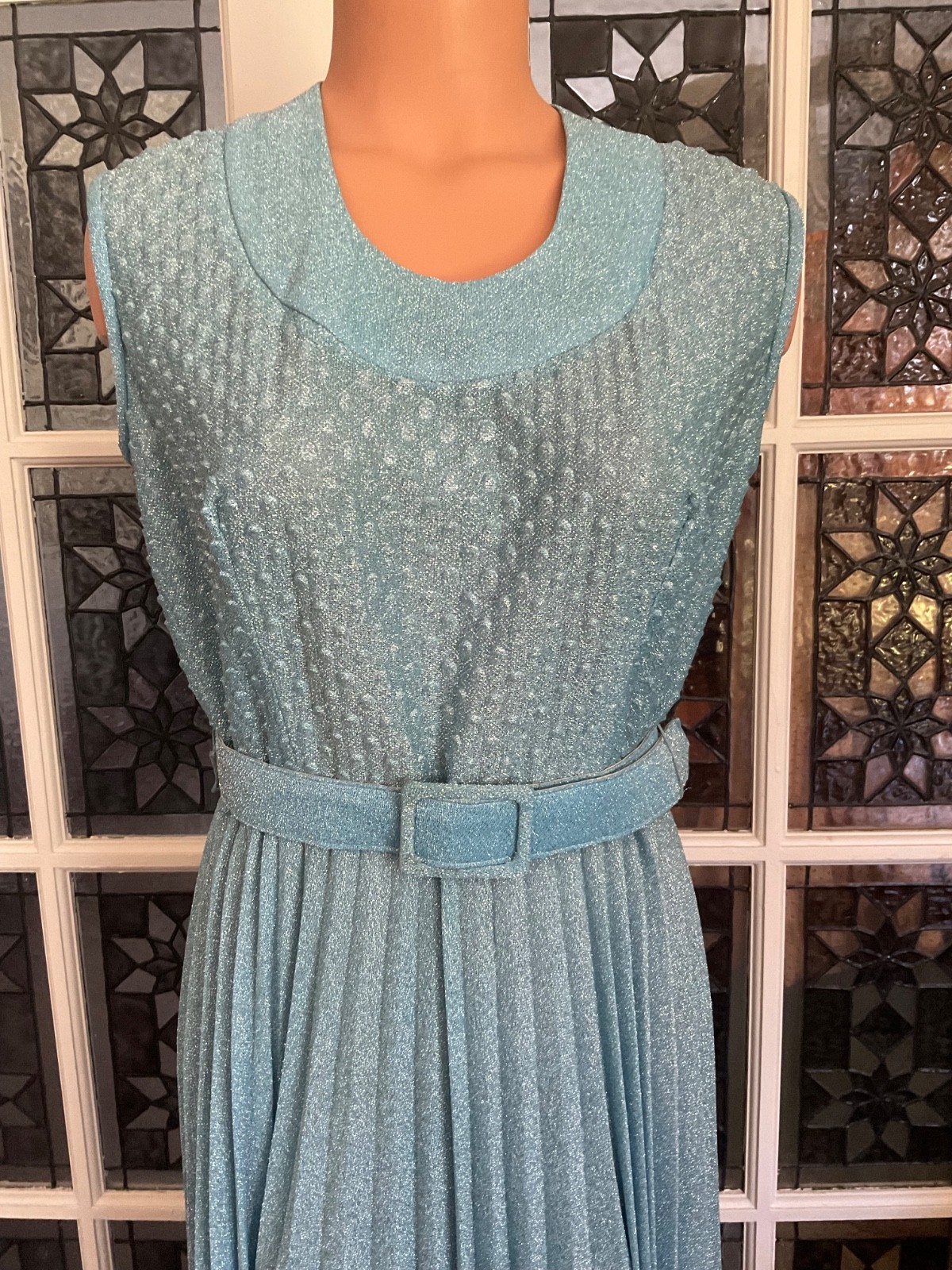 Vintage 1960s Blue Glittery Pleated Belted Maxi Dress with Matching Jacket Sz 14