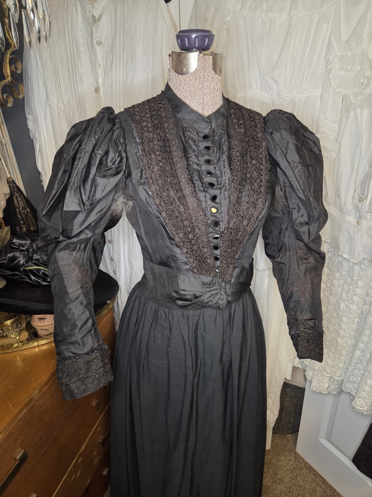 Black Victorian Silk Leg Of Mutton Sleeved Bodice With Lace & Glass Buttons READ