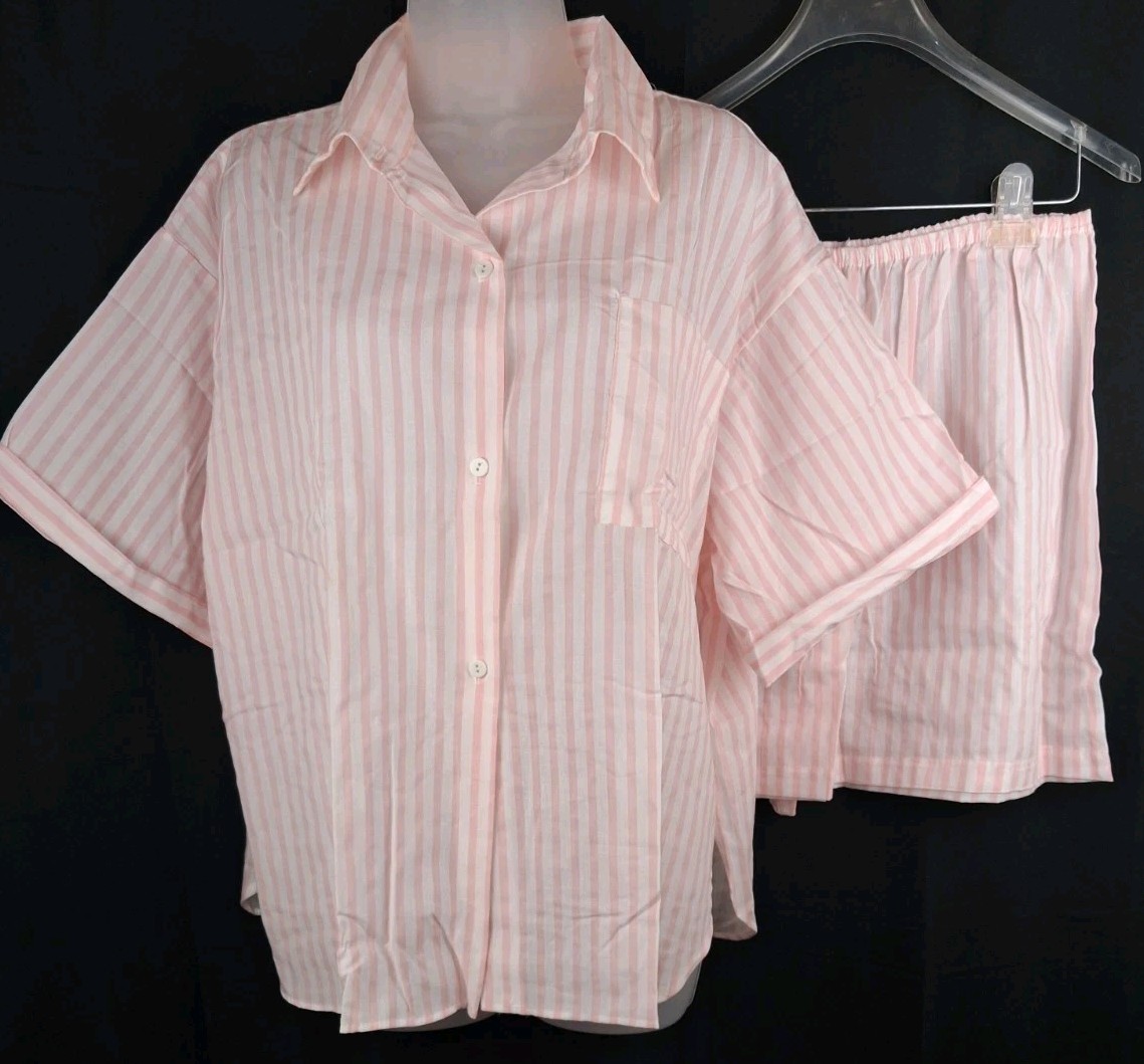 VTG Carole Pink & White Striped Short Sleeve Top And Shorts Pajama Set Size L