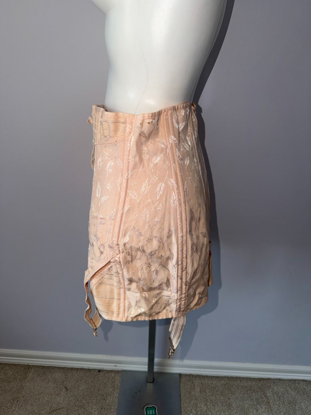 Vintage 50s Carol Brent Corset Girdle Peach Floral Pinup Coquette Lace Up Garter