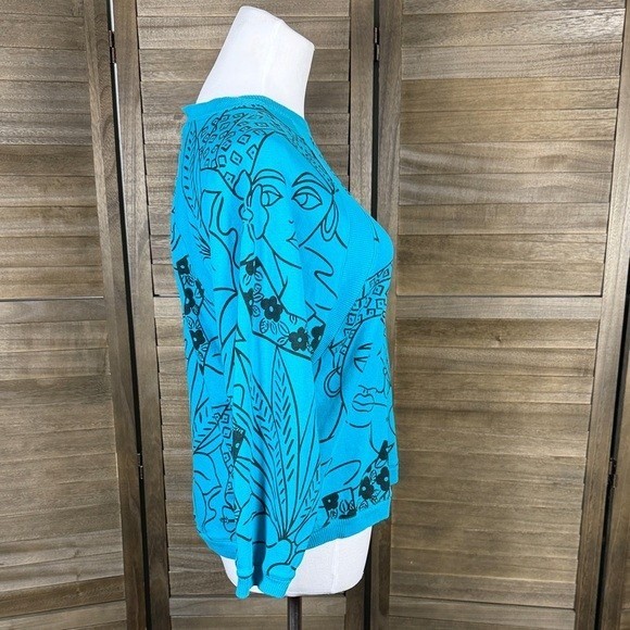 Jeanne Pierre Renee Tenner Vintage Blue Cotton Face Graphic Top Small