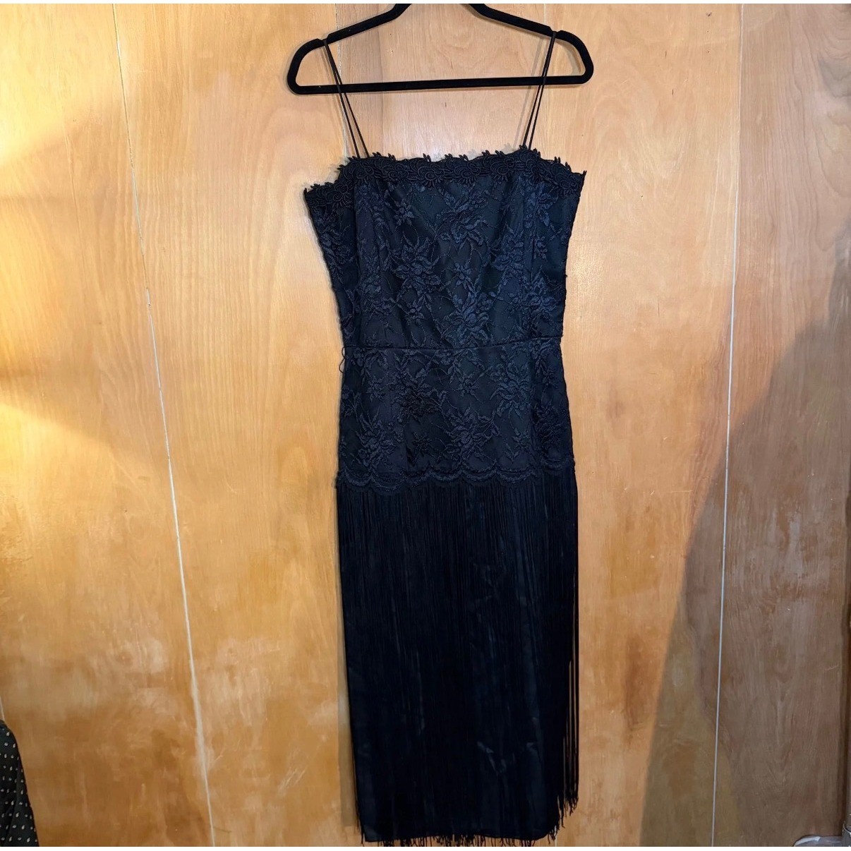 Vintage Cachet by Bari Protas Black Lace Fringe Flapper Cocktail Dress Midi