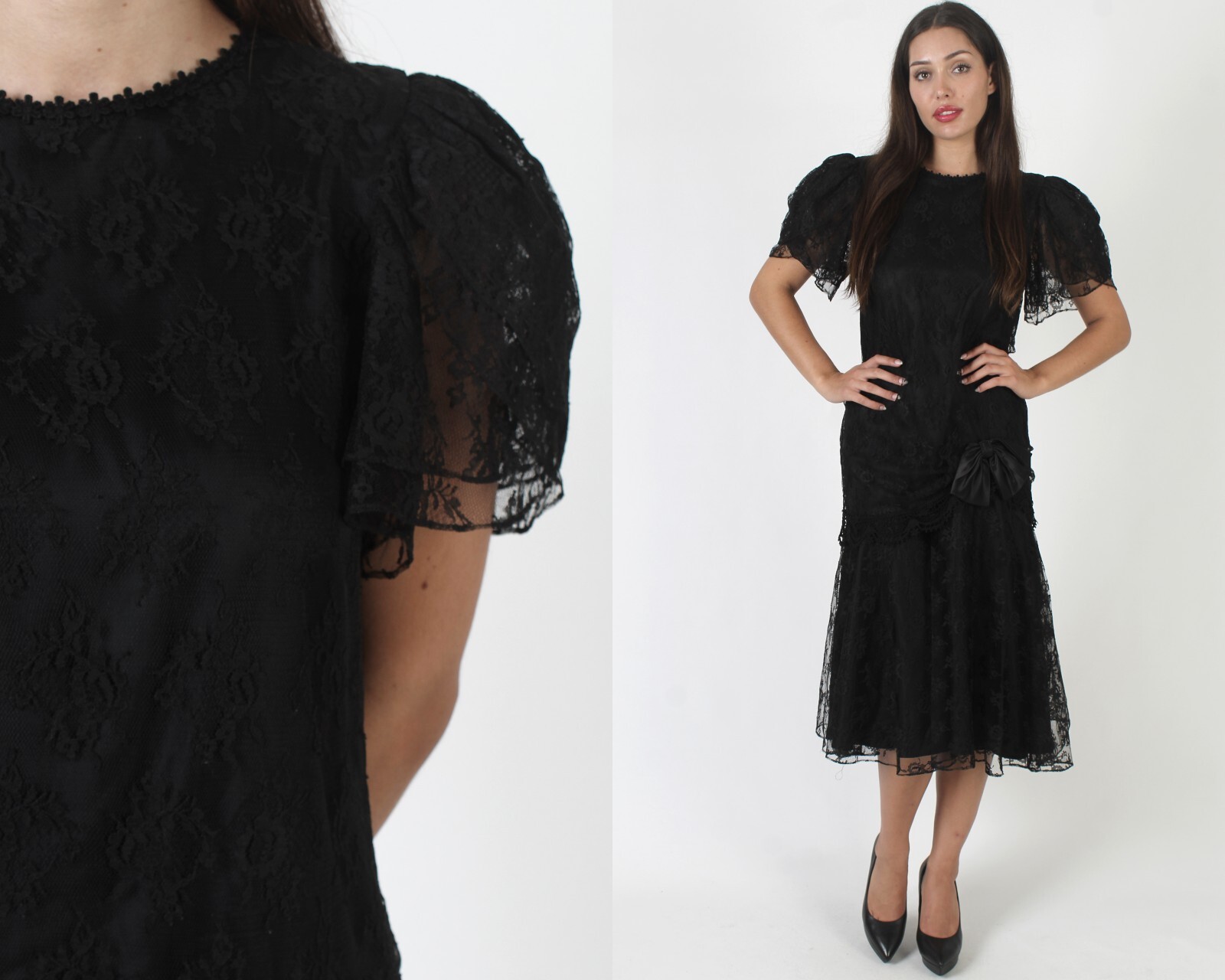 Vtg 80s Black Deco Lace Flapper Dress Sheer Drop Waist Mermaid Full Skirt Midi