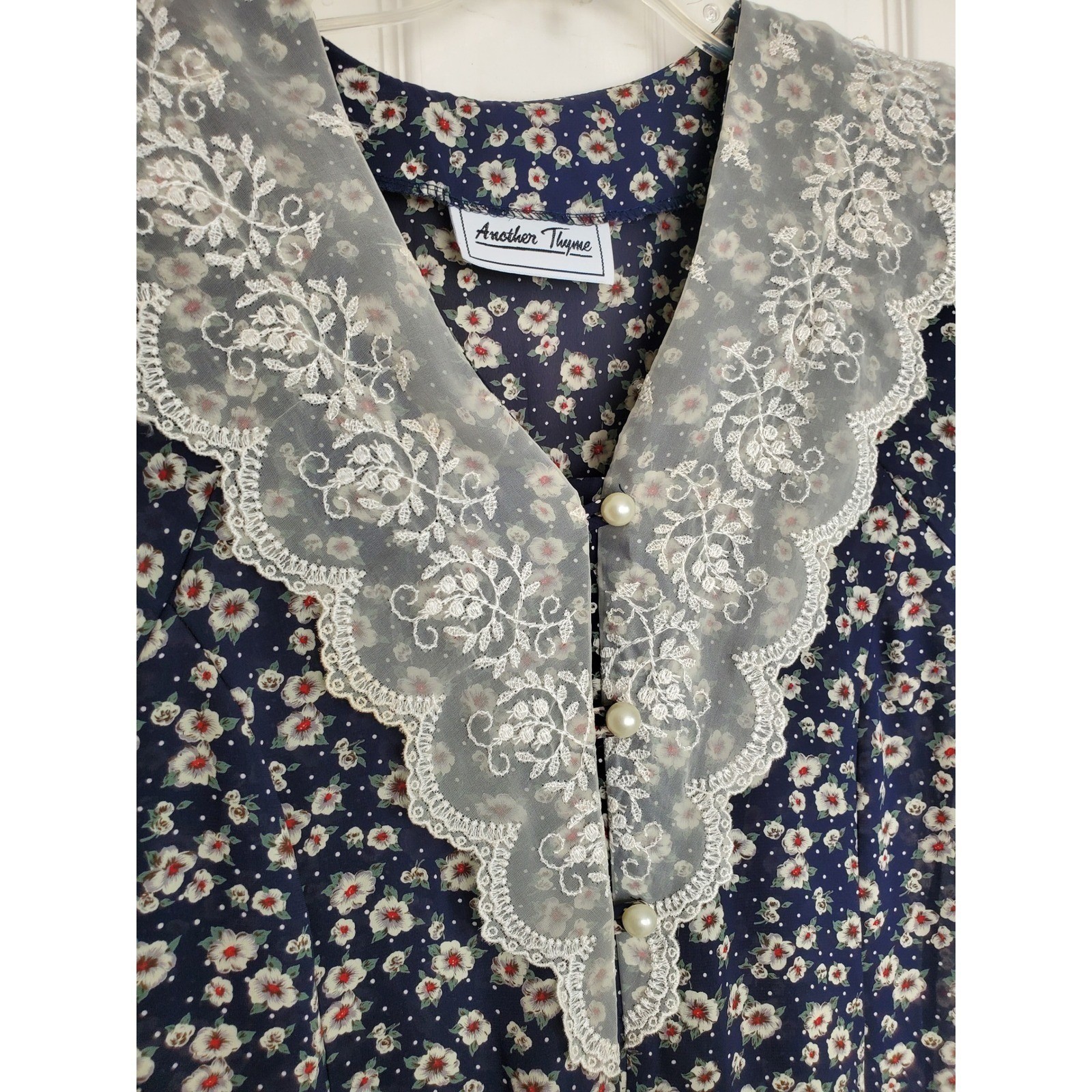 Vintage Prairie Dress Blue Floral Lace Collar Cottagecore Pearl Button 12