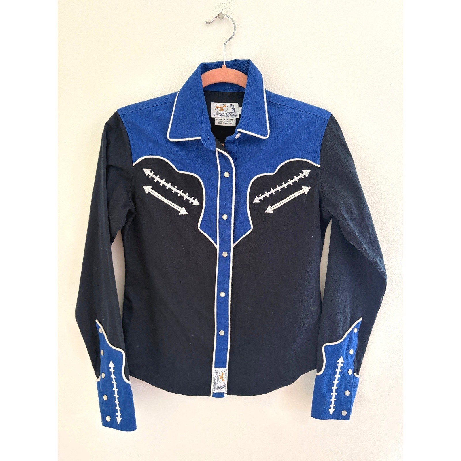 Vintage Panhandle Slim Western Shirt Arrow Embroidered Snap Blue Black Small