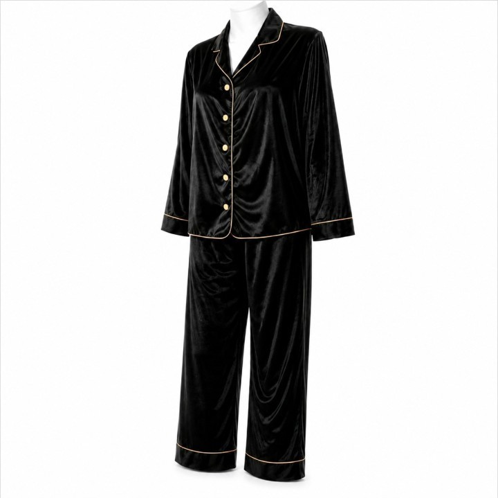 Norton McNaughton Velvet Pajama Set Womens 12 Black Gold Piping Retro Luxe