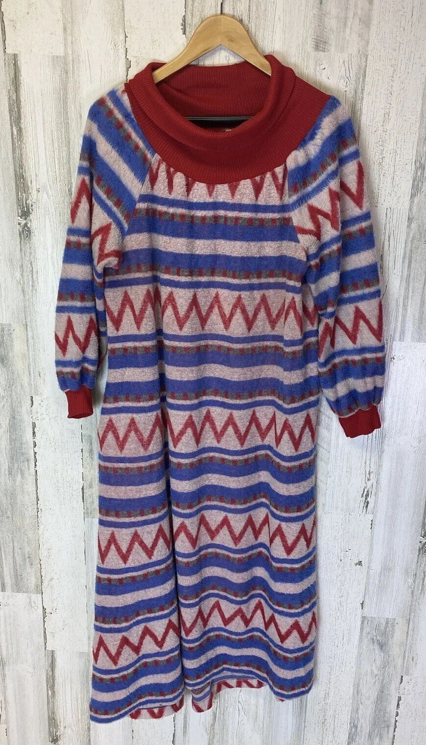 Vintage Sears JR Bazaar Sz L 15/16 Bold Print House Robe Dress Cowl Fuzzy Pocket