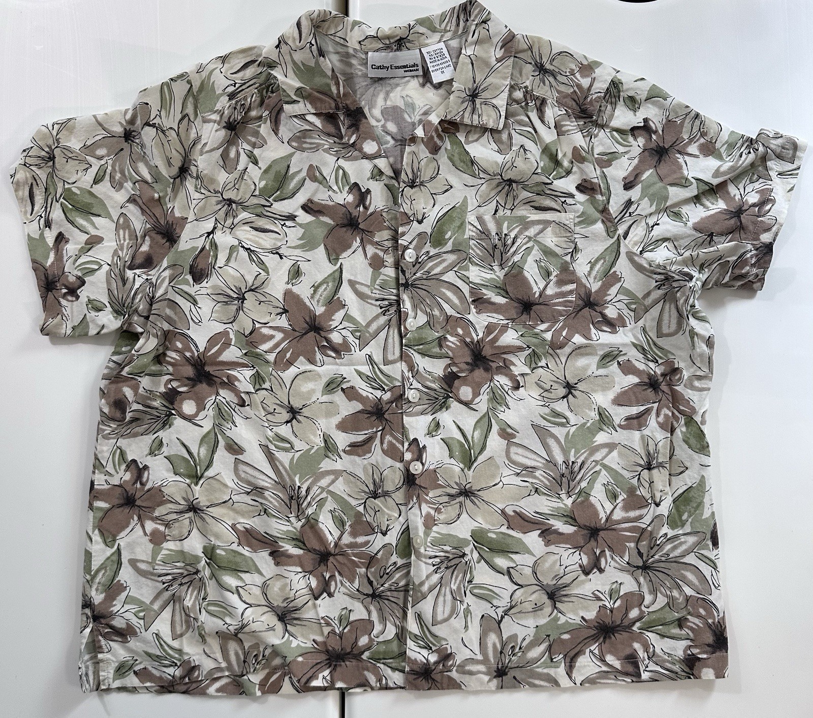 Vintage 90s Floral Button Up Shirt Women XL Beige Brown Green Rayon