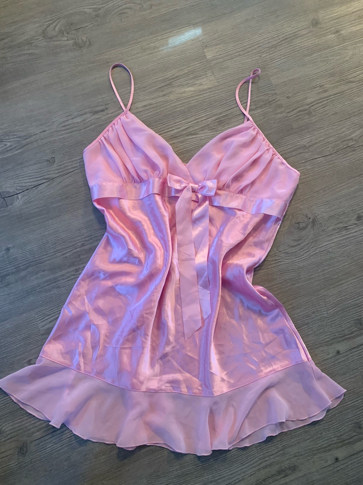 Vtg Coquette Babydoll Nightgown Chemise Pink Glossy SATIN – Bow – SZ XLARGE