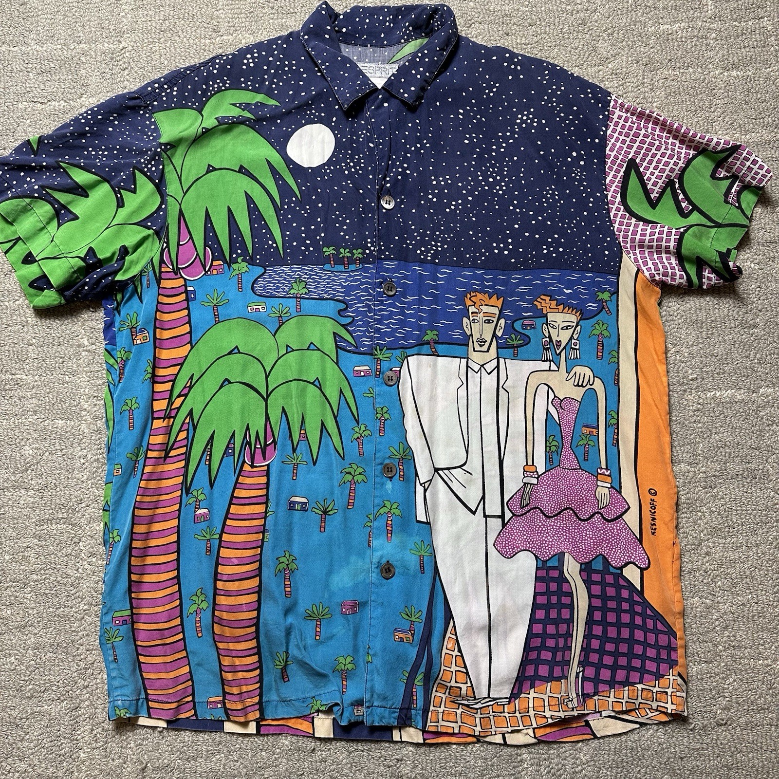 VTG 80s Esprit Resnicoff Shirt Men Large All Over Print Hawaiian Tiki 1980s