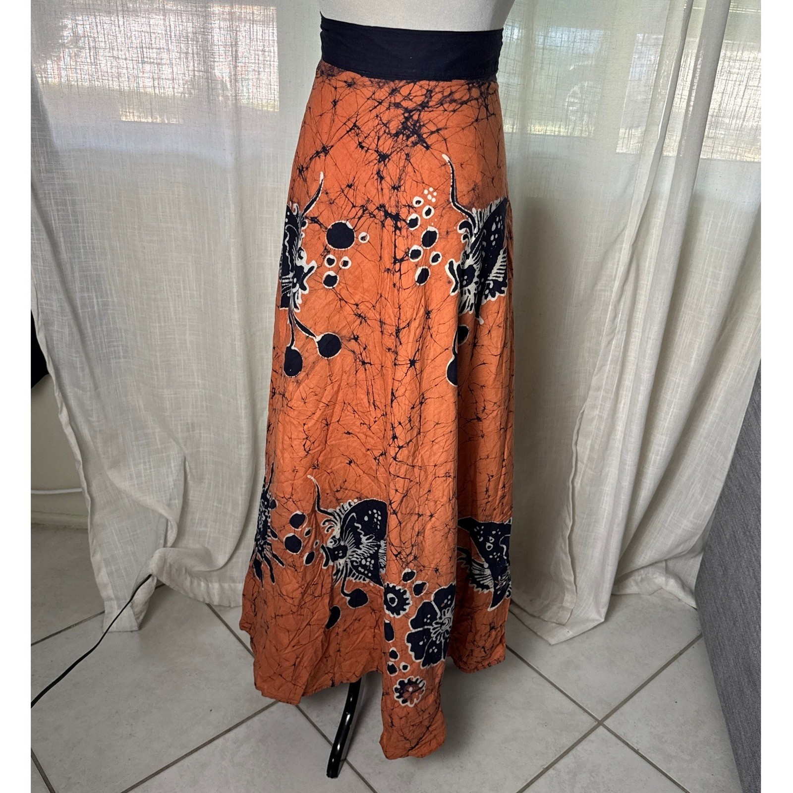 Vintage Lady Bali Batik Wrap Skirt Orange Navy Floral Cotton Handmade Indonesia