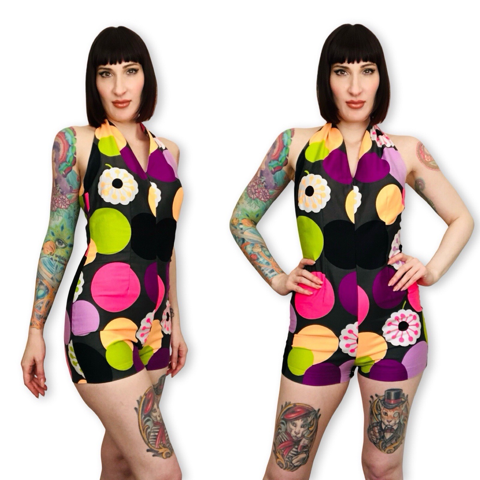Vintage 1960s 60s Colorful Floral Polka Dot Print Cotton Halter Romper Playsuit