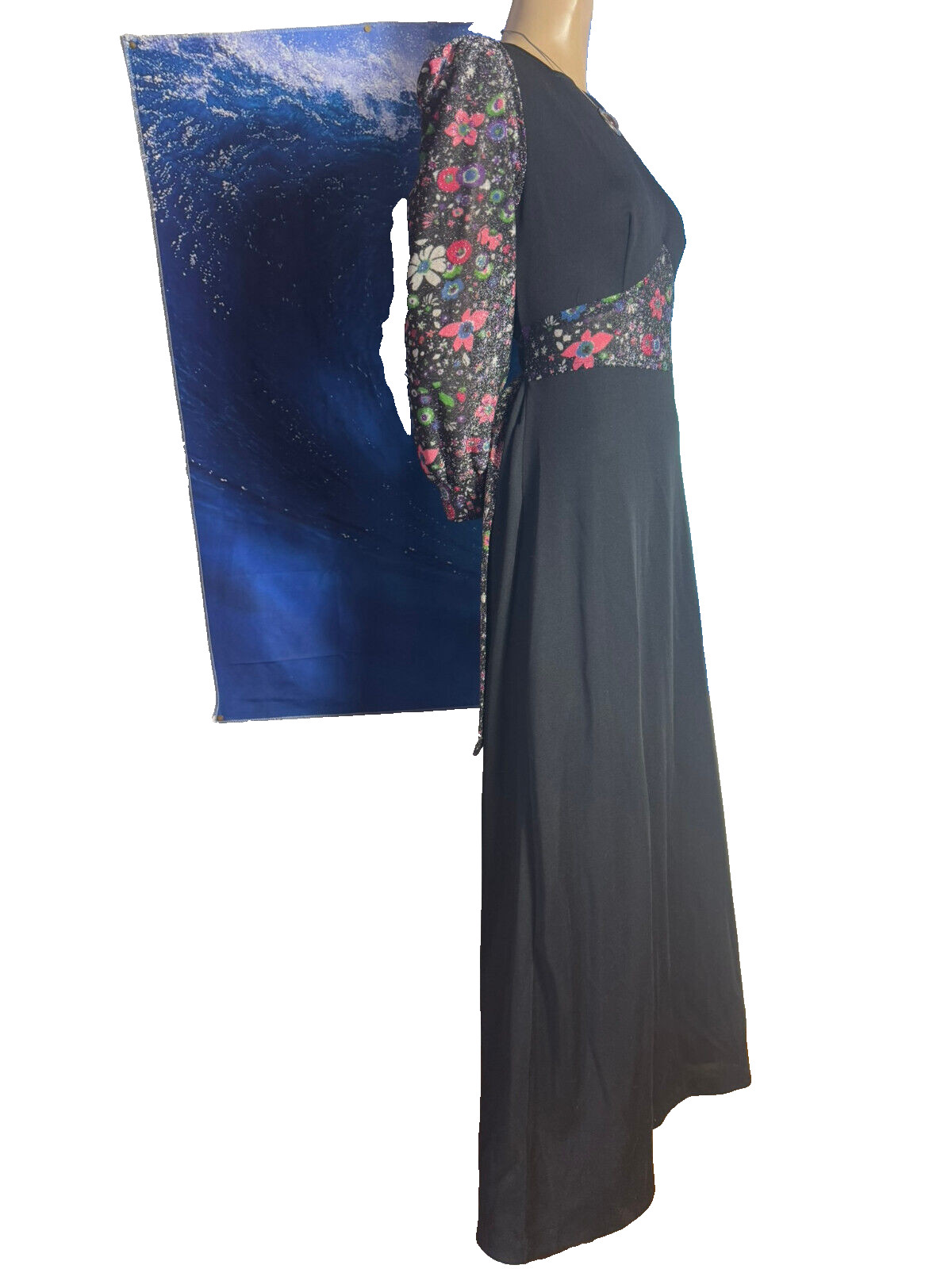 70s Maxi Dress Black Lurex Lamé Hippie Boho ABBA Disco Vintage Dress 38/40