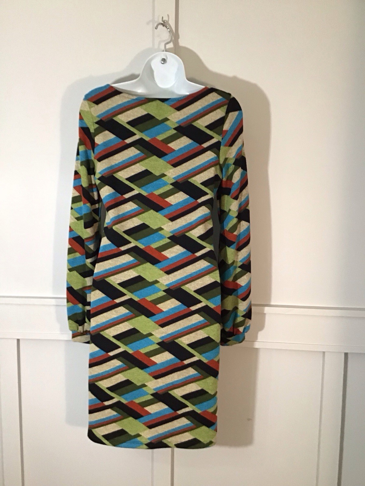 Vintage Blue Green Orange Black Groovy Jersey Mod Dress Size Medium Geometric