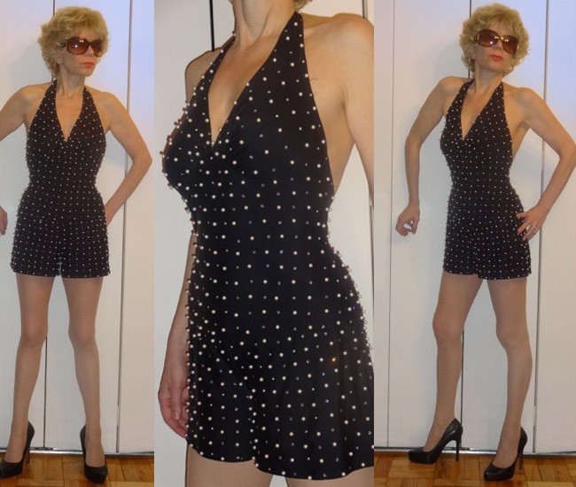 ROBERT DAVID MORTON DESIGNER HALTER SHORTS ROMPER JUMPSUIT PEARLS & RHINETONES S
