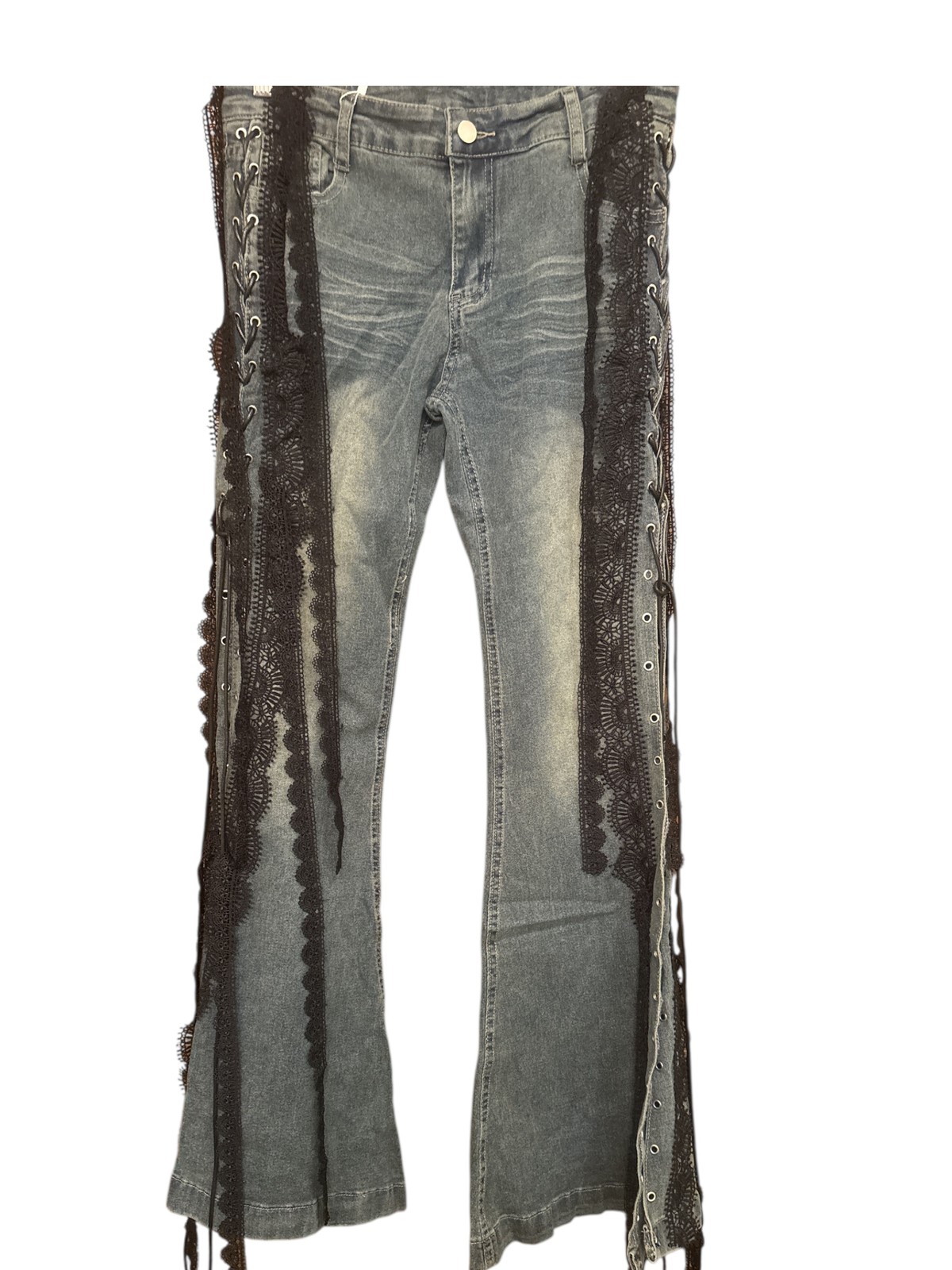 REDDA CHIC Women’s Lace Up Flare Bell Bottom Jeans Blue XL