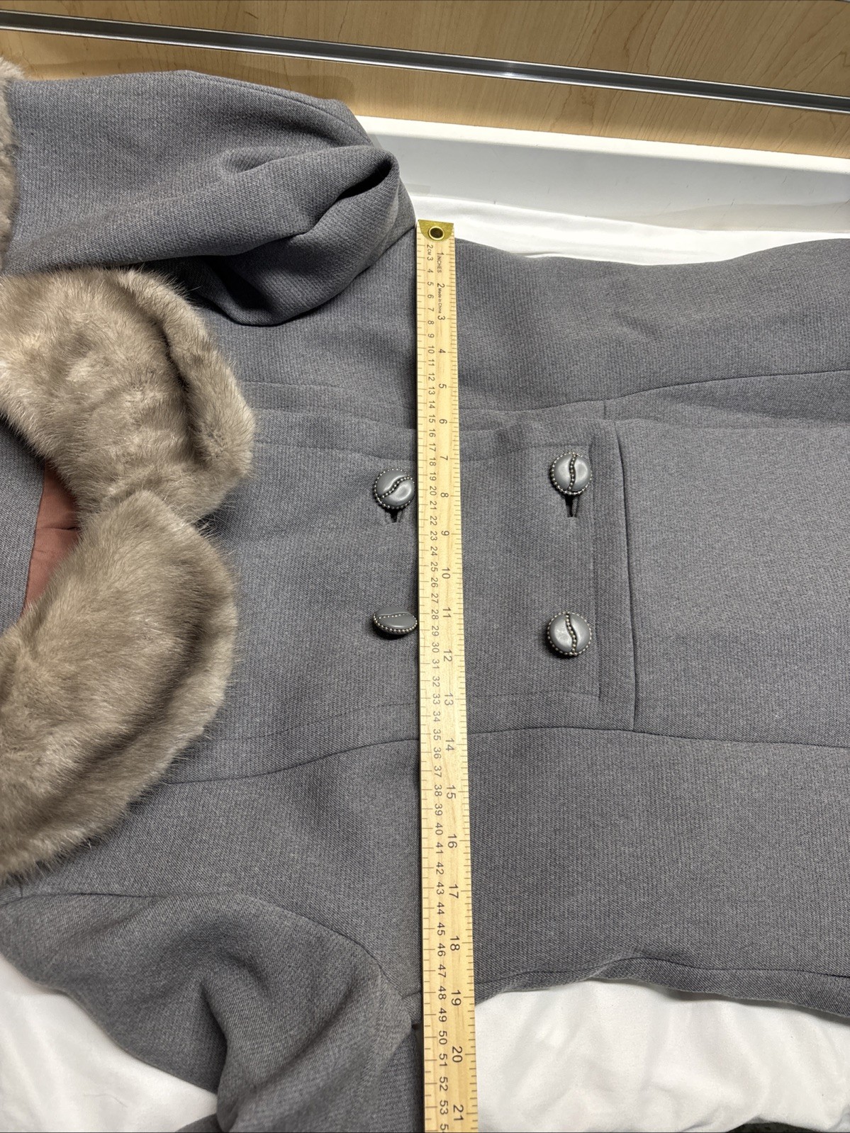 Vintage Women’s Union Made Gray Wool Coat With Fur Trim, 1960s (flaws)