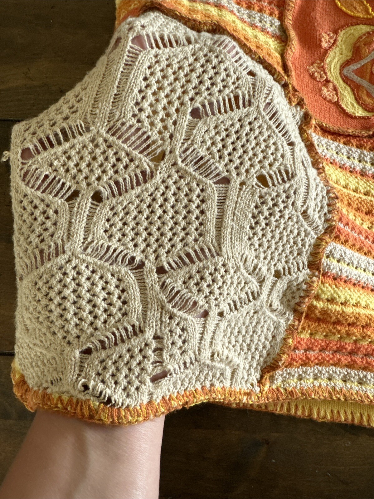 VINTAGE CROCHET knit M Orange Yellow Colorblock VEST Blouse boho HIPPIE Brazil