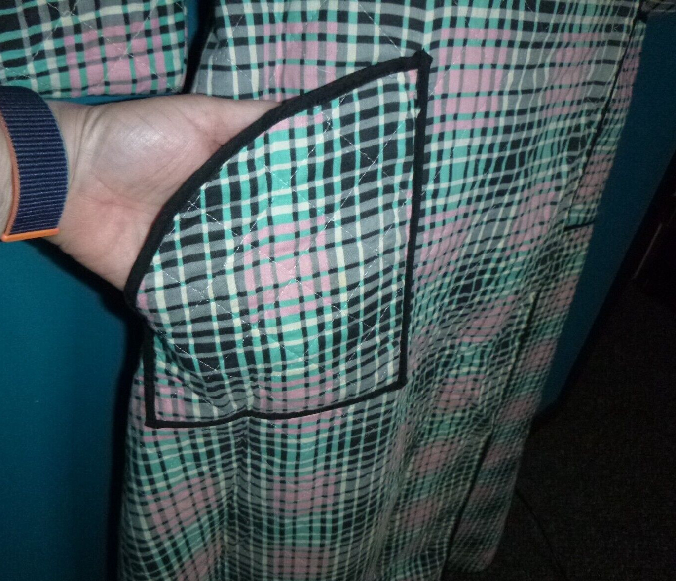 Vtg 1940s Paintset Long Quilted Cotton Robe Black Aqua Pink Plaid Sz L/XL