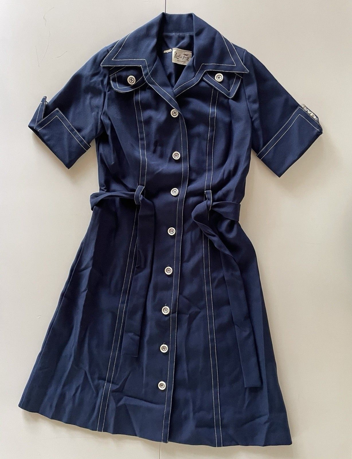 Vintage Leslie Fay Navy Blue Dress with White Stitching and Matching Belt