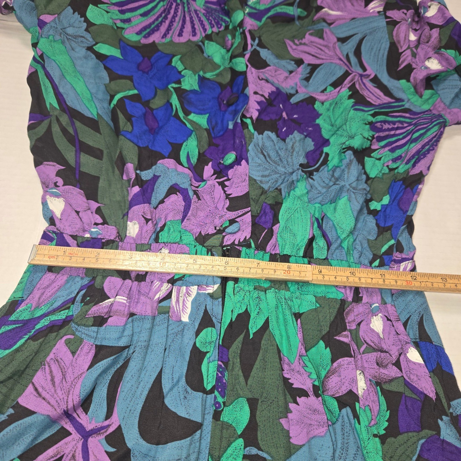 April Rain Vintage Floral Midi Dress Purple Green Rayon Long Sleeve USA Size 7-8