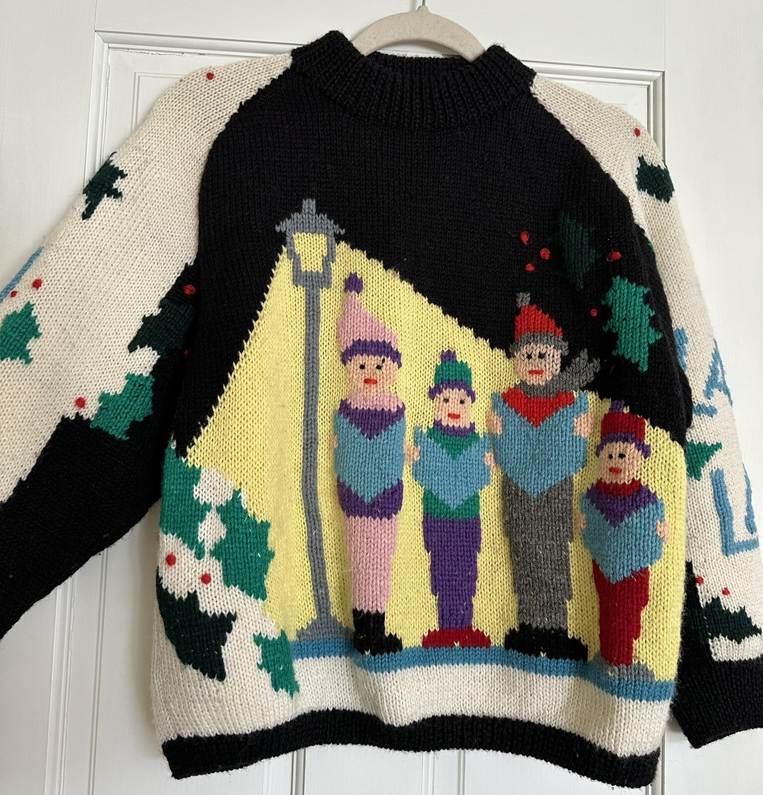 vintage 1988 BEREK by Marta D HANDKNIT Christmas SWEATER Carolers WOOL Ugly?