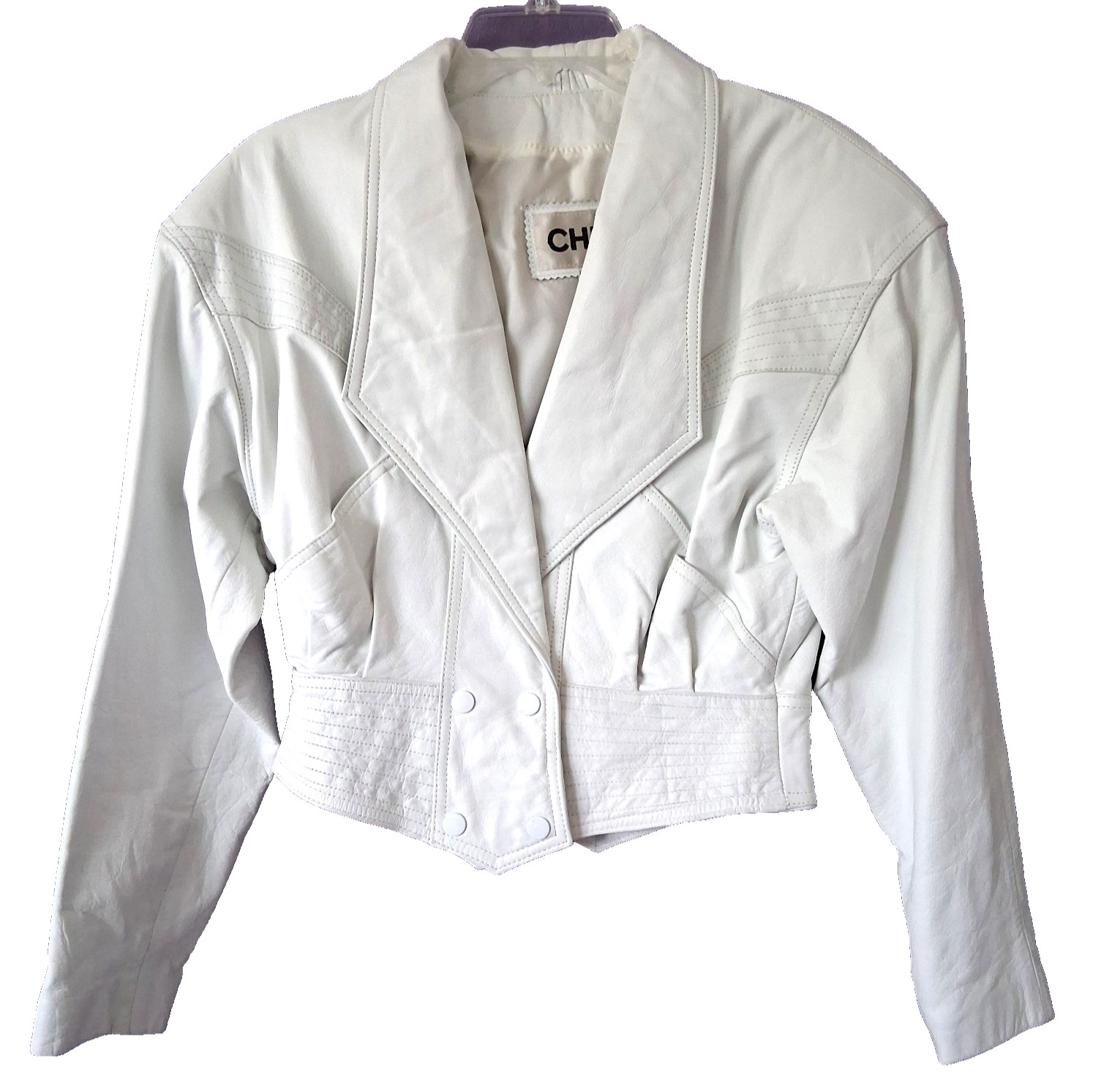 VTG Chia 80s 90s White Leather Jacket Womens Small Yoked Snap Waist Coat 3D Moto