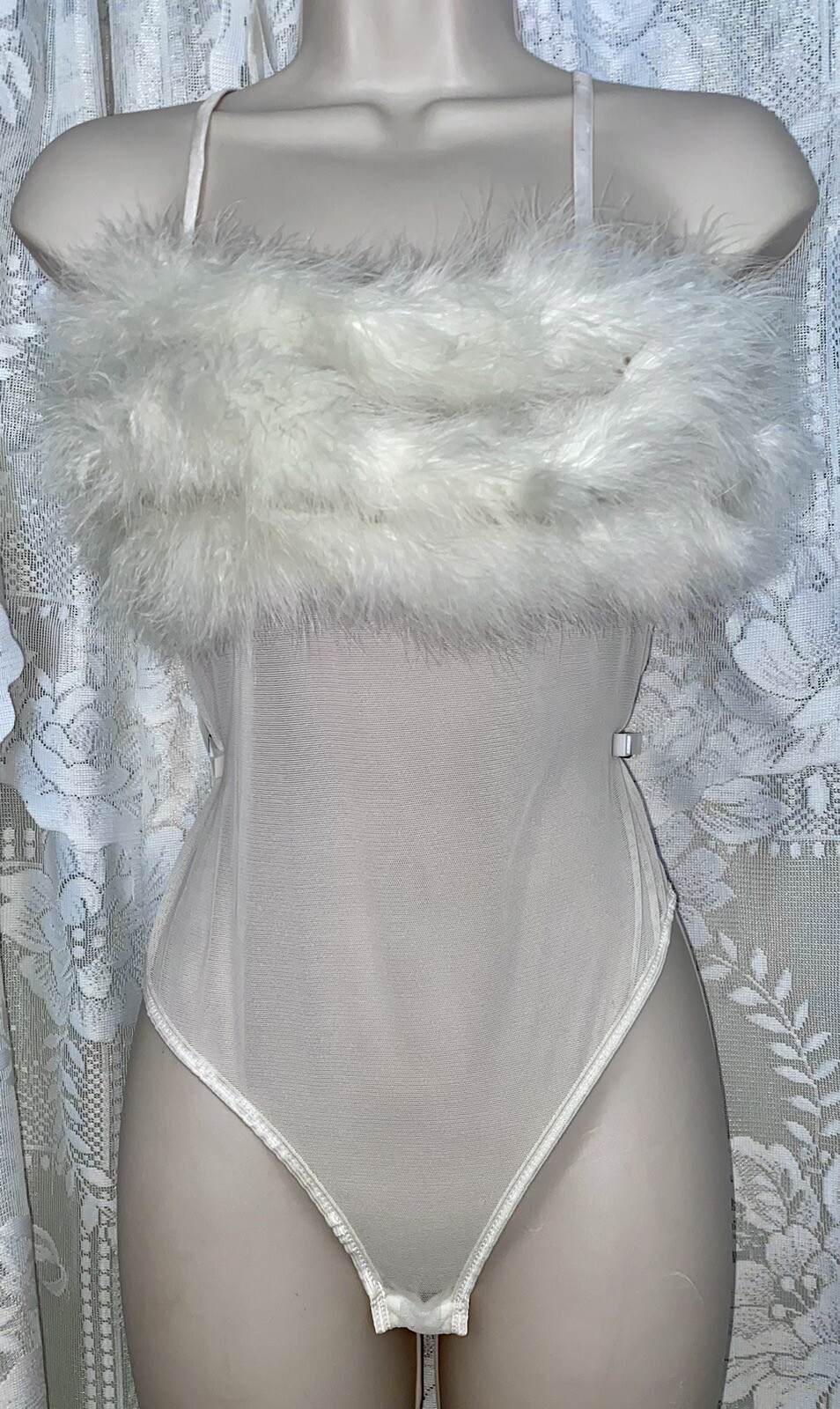 VTG VS M+ White Bridal Sheer Chiffon Nylon Teddy Romper nightie Marabou Trim USA