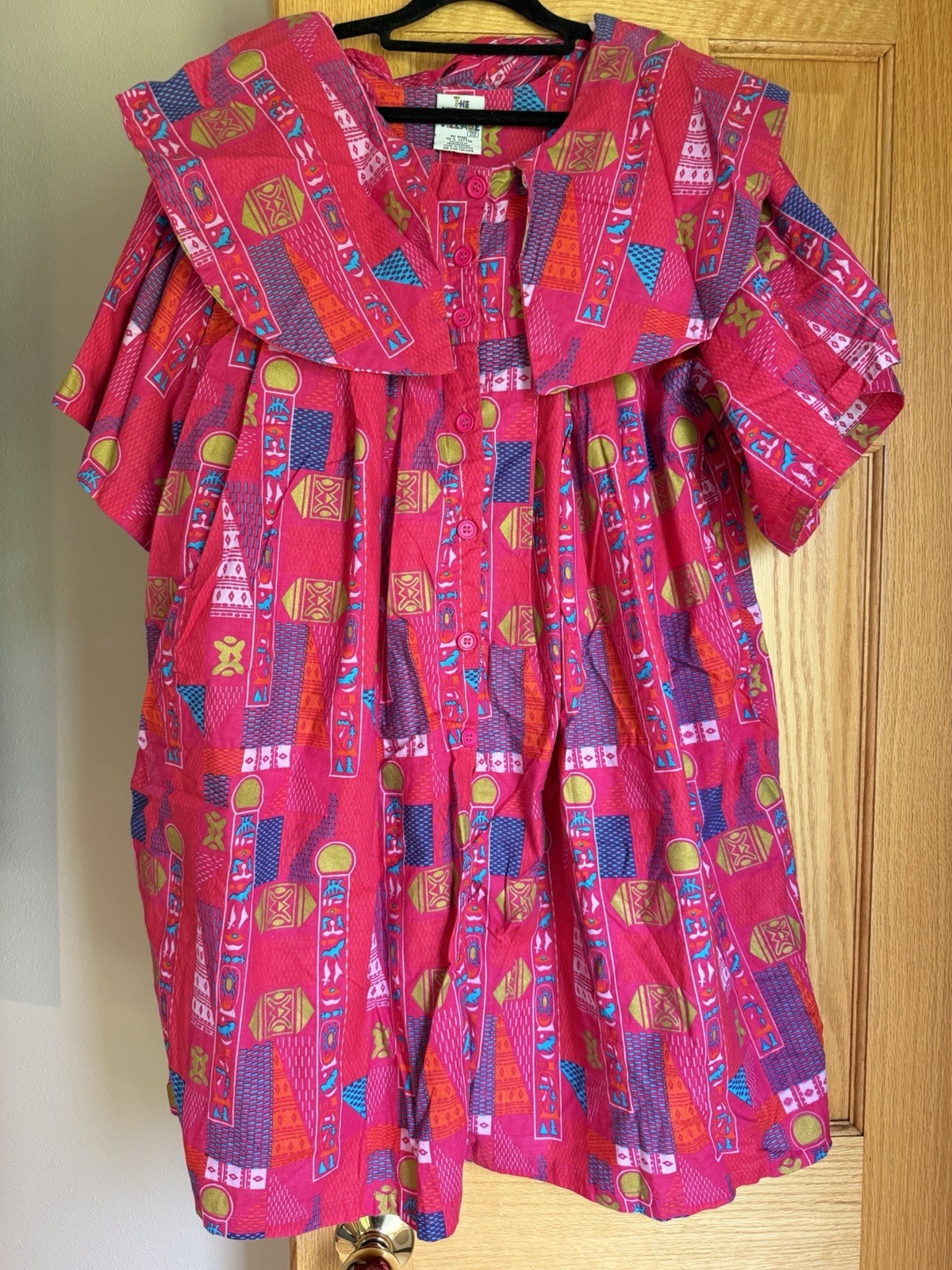 Vintage 90s The African Village Muumuu House Dress Cotton Collar Free Size