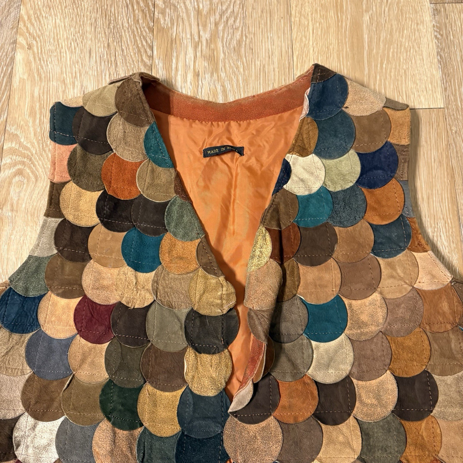 1960s 1970s Patchwork Earth Tone Leather Fish Scale Multicolor Vest Small