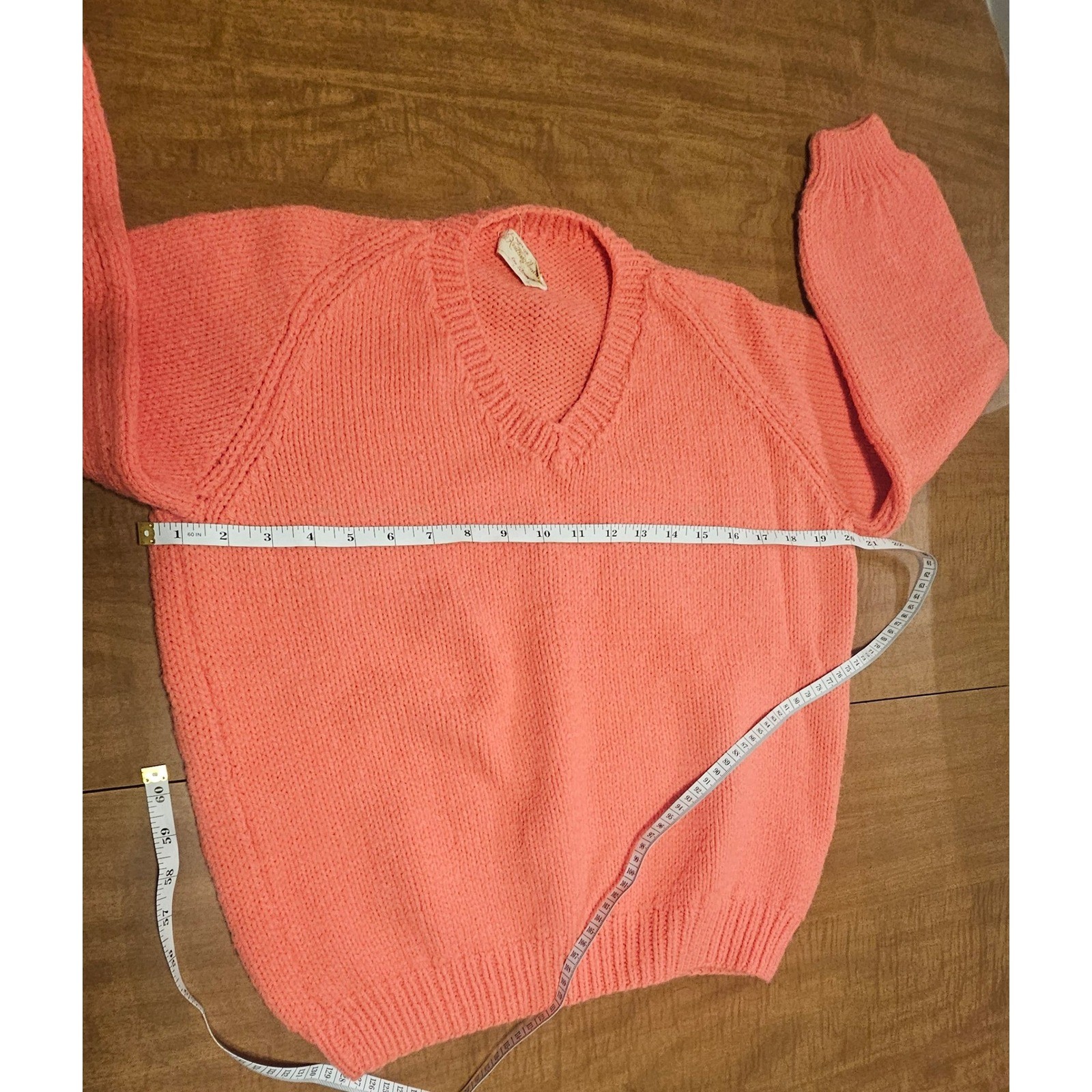 Vintage Homemade 80s Peach Orange Shaker Knit Sweater V-Neck M L K