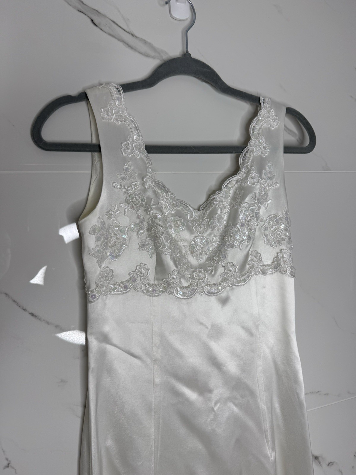 VTG Satin Wedding Gown Lace Empire Short Sleeve Lace Train/Veil XS Handmade