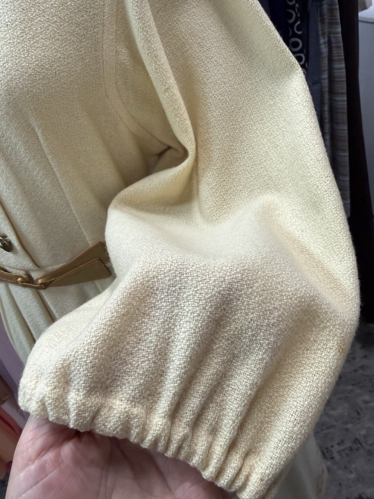 Vintage 1940s Ivory Wool Aline Dress Gathered Skirt w/Gold Trim S/M 35b X 29w