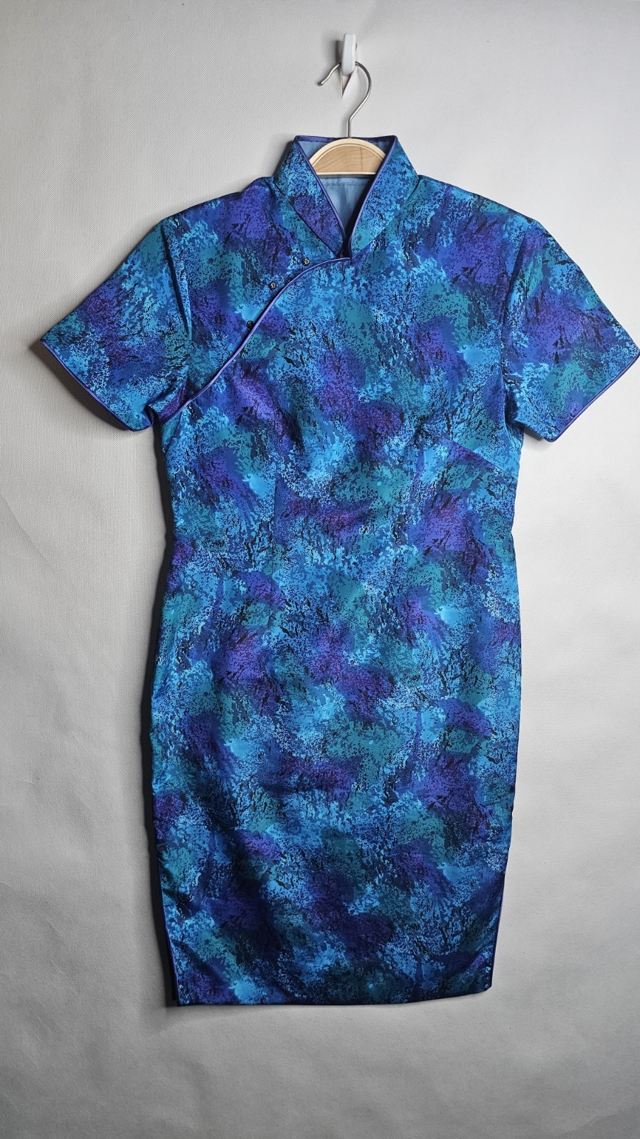 Vintage Oriental Women Chest Size 34 Inches Short Sleeve Blue Dress