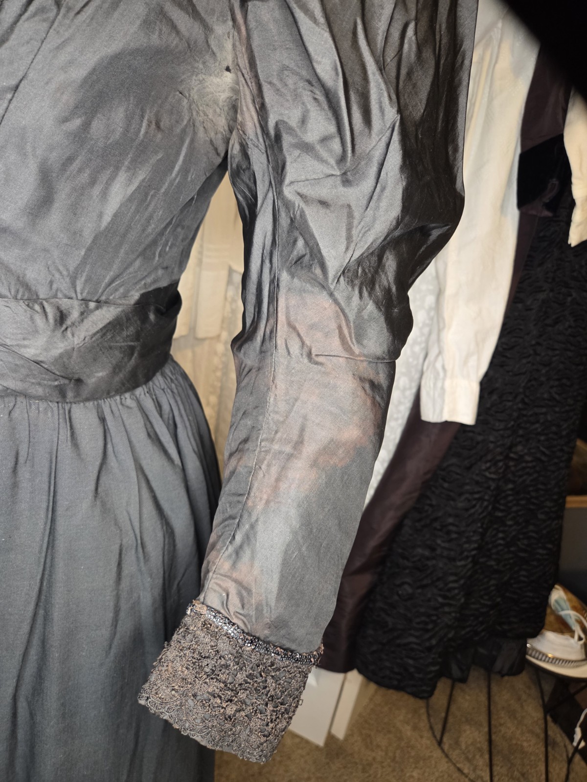 Black Victorian Silk Leg Of Mutton Sleeved Bodice With Lace & Glass Buttons READ