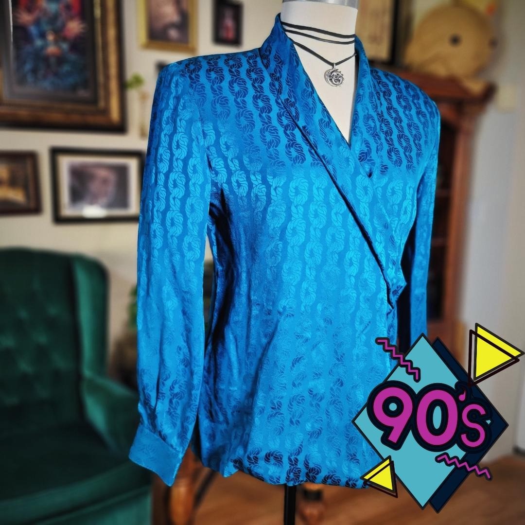Nordstrom Town Square Blouse Top Blue Jacquard Vintage 90s Wrap Silk Retro 4