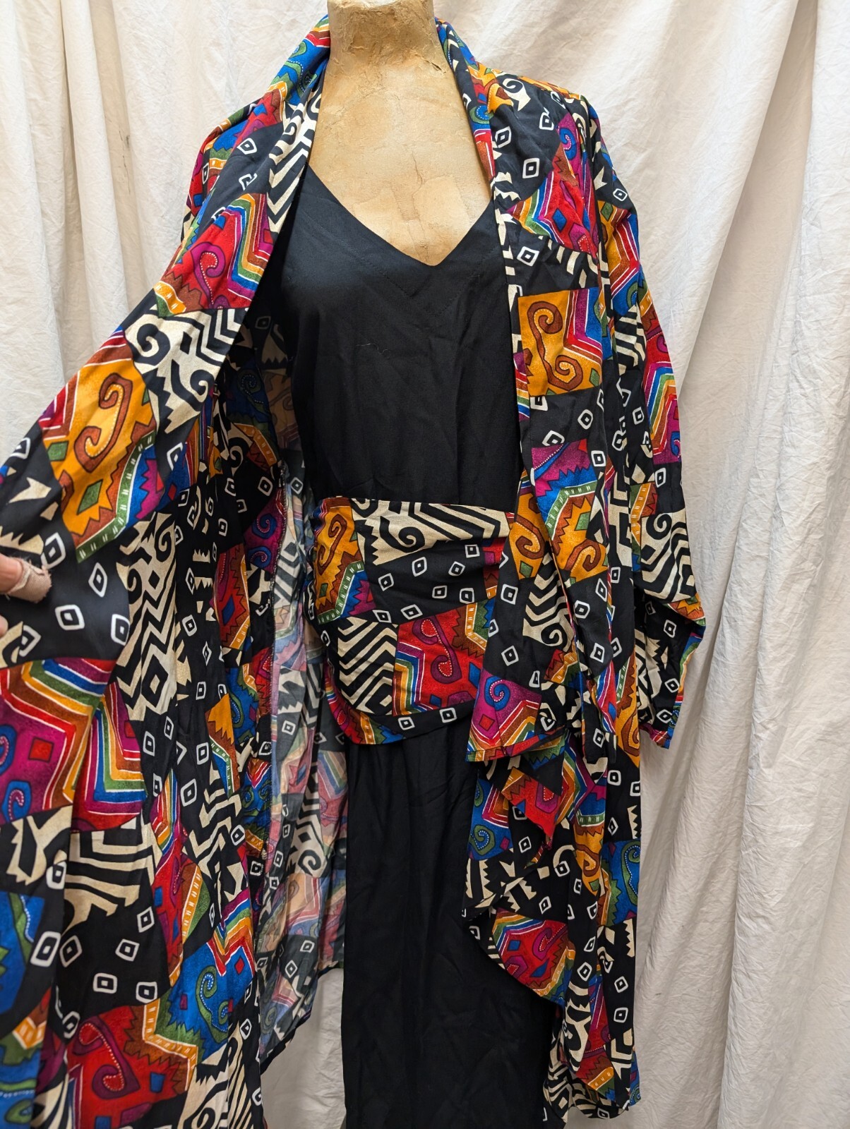 Vintage 80’s Black Pink Red Blue Green Orange Rayon Dress & Jacket by Outback M