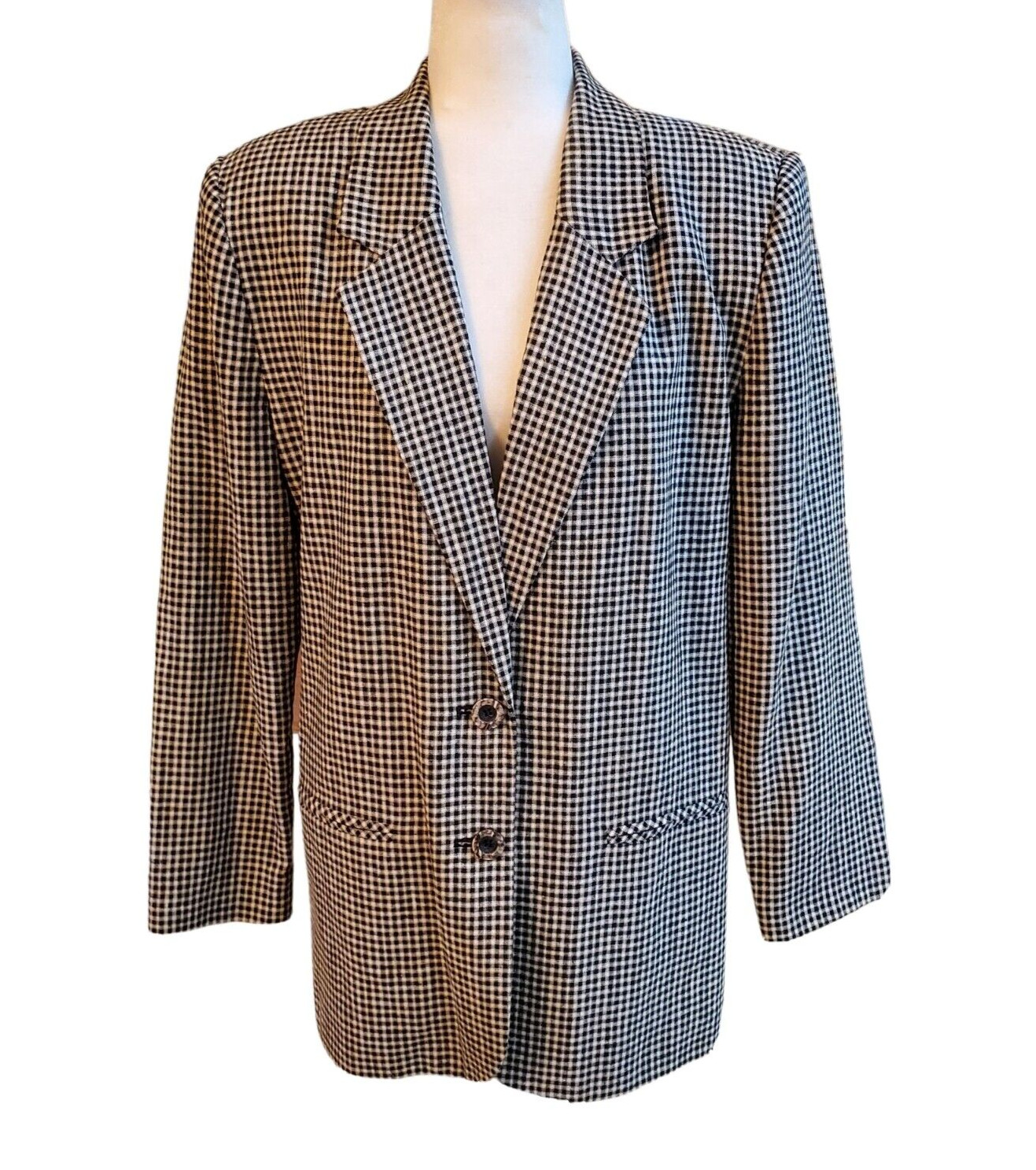Vintage 90s Sag Harbor black Beige gingham Linen Blend Blazer Jacket Size 14