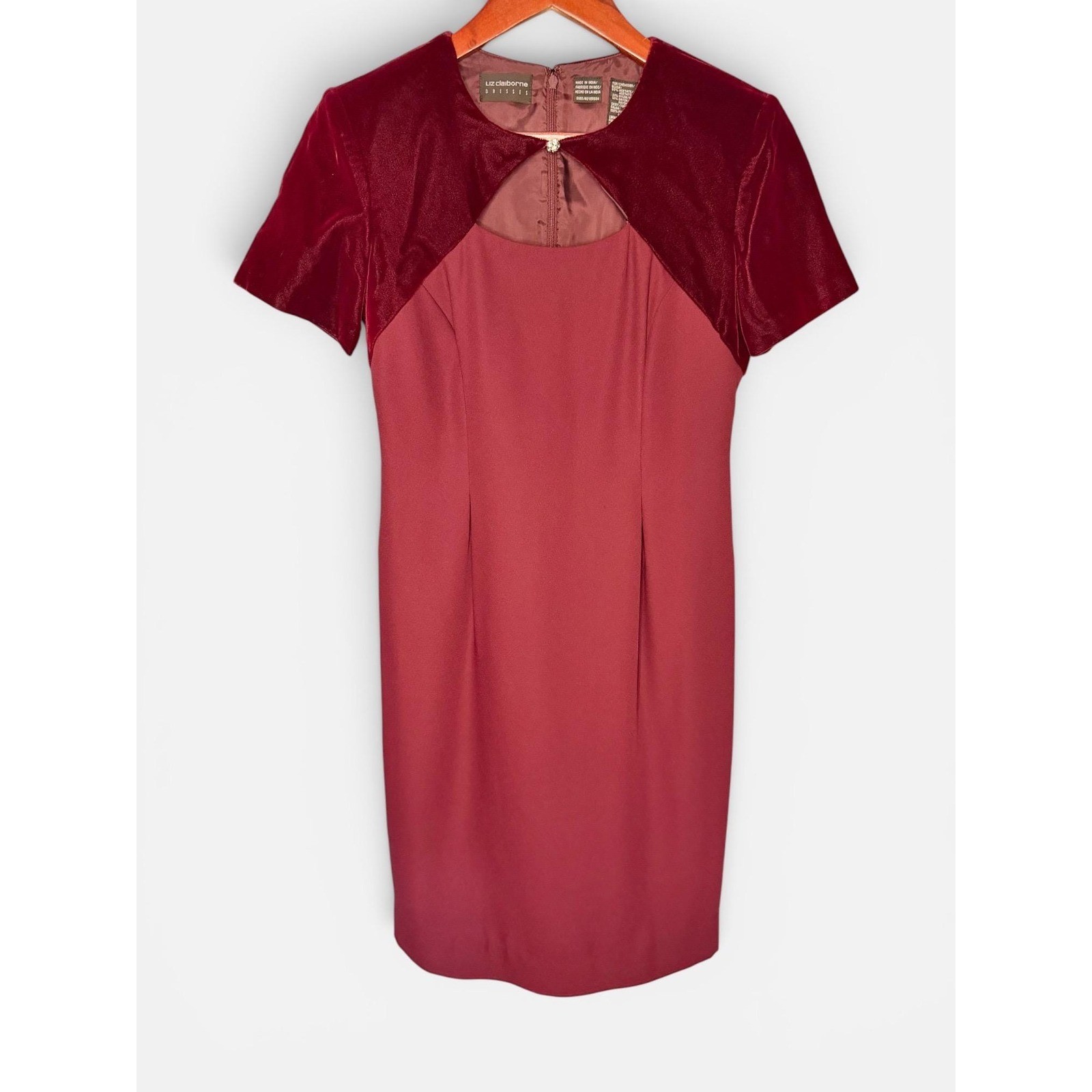 Vintage Liz Claiborne Burgundy Velvet Yoke Sheath Dress 90s Colorblock Size 4