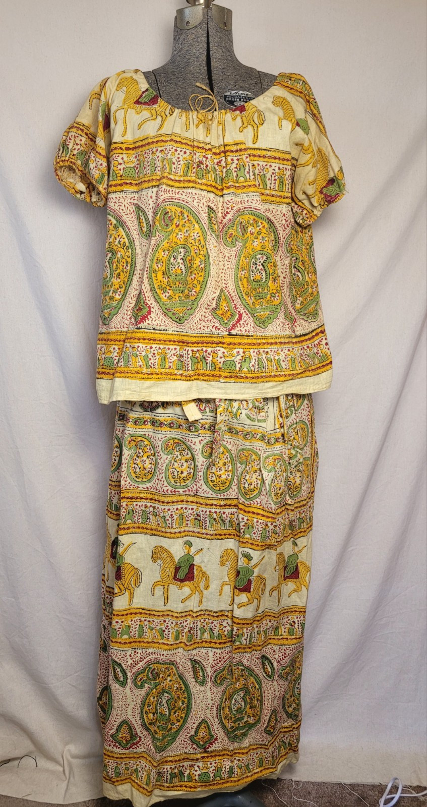Vintage 60s Indian Paisly Horse Print Yellow Antique Wrap Skirt And Top Set Boho