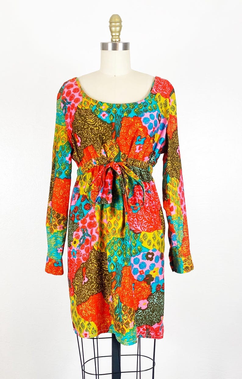 1960s Babydoll Dress – Psychedelic Dress – Floral Dress – Size Large
