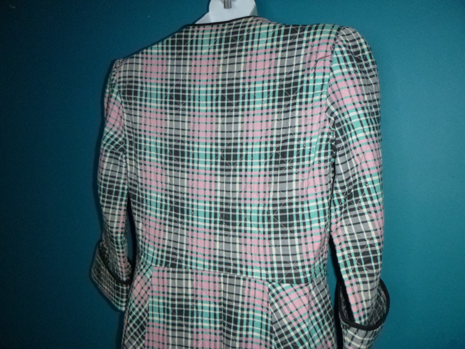 Vtg 1940s Paintset Long Quilted Cotton Robe Black Aqua Pink Plaid Sz L/XL